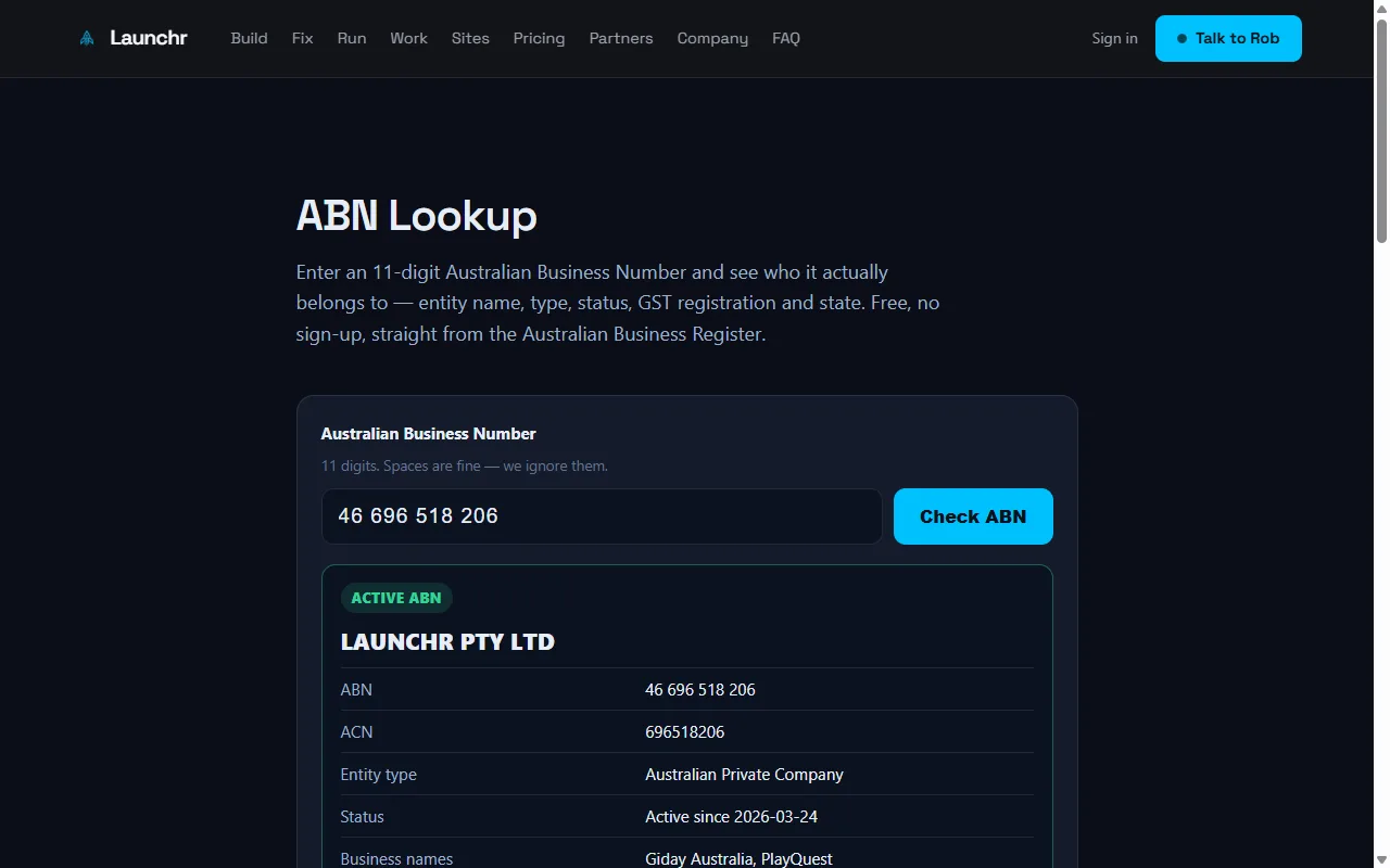 Screenshot of ABN Lookup — free Australian Business Number checker