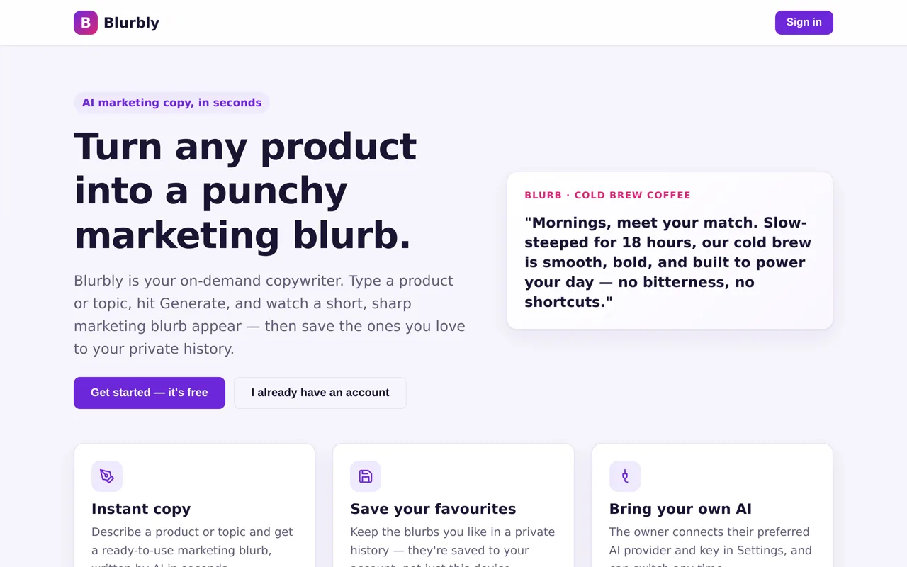 Screenshot of Blurbly — AI marketing blurb generator