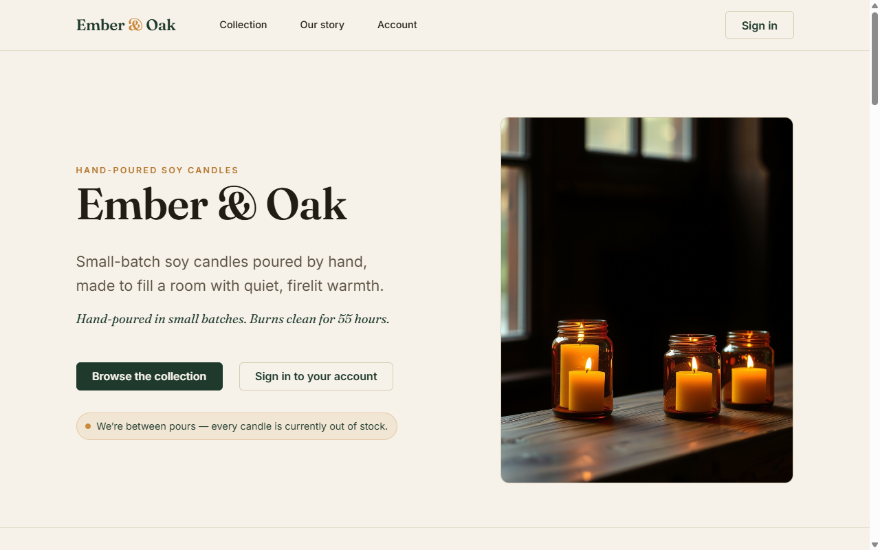 Ember & Oak — a hand-poured candle storefront whose checkout goes to the owner's own Stripe