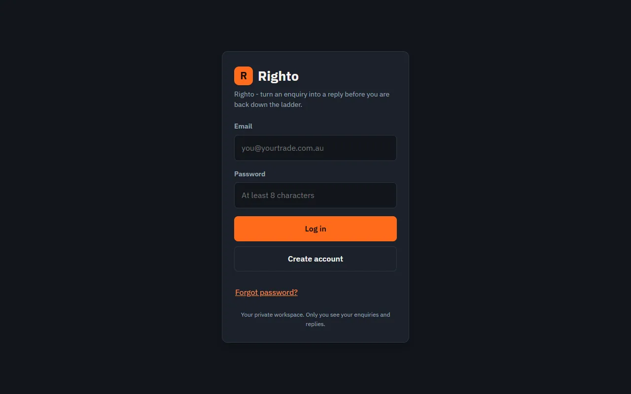 Screenshot of Righto — AI reply drafter for tradies