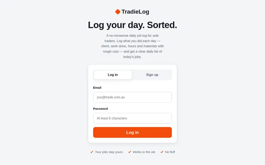 Screenshot of TradieLog